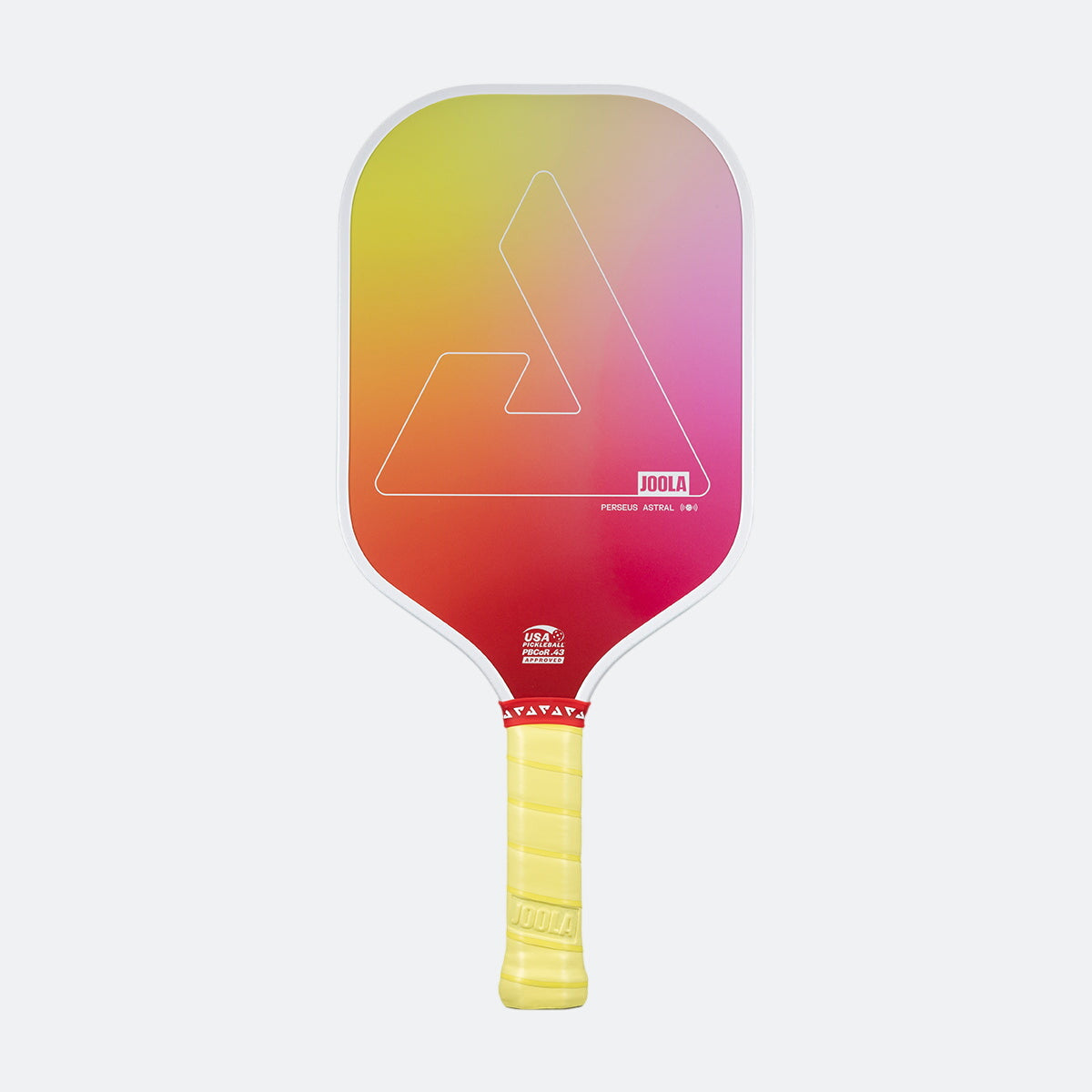White background, product photo of the JOOLA Perseus Astral pickleball paddle with a yellow handle and white edge guard, and sunset gradient colored paddle face.