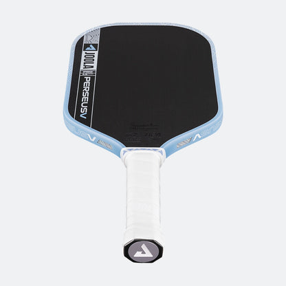 White background, product image of the JOOLA Perseus Pro V pickleball paddle with light blue edge guard and white handle.