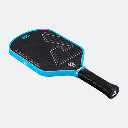 White background, angled image of the Hyperion Double Vision pickleball paddle, blue edge guard and black handle.