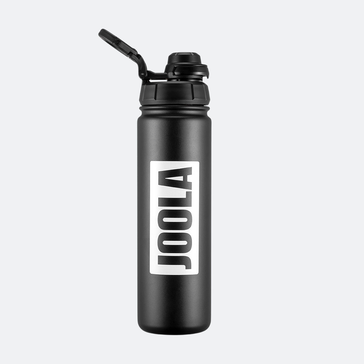 Black water bottle with 'JOOLA' logo on a white background.