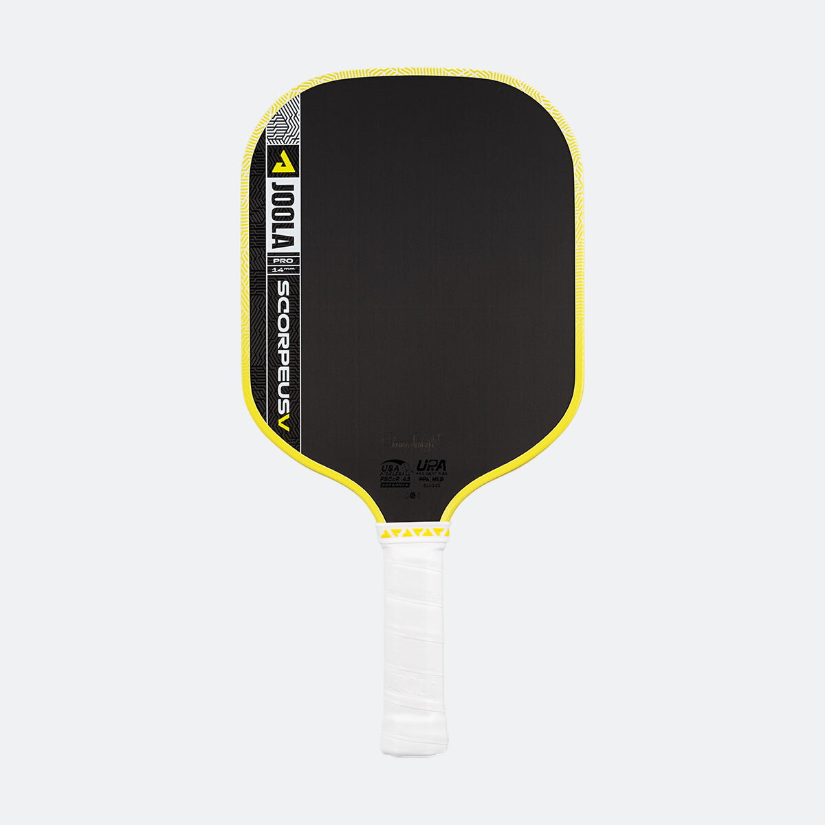 White background, product image of the JOOLA Scorpeus Pro V pickleball paddle with a yellow edge guard and white handle.