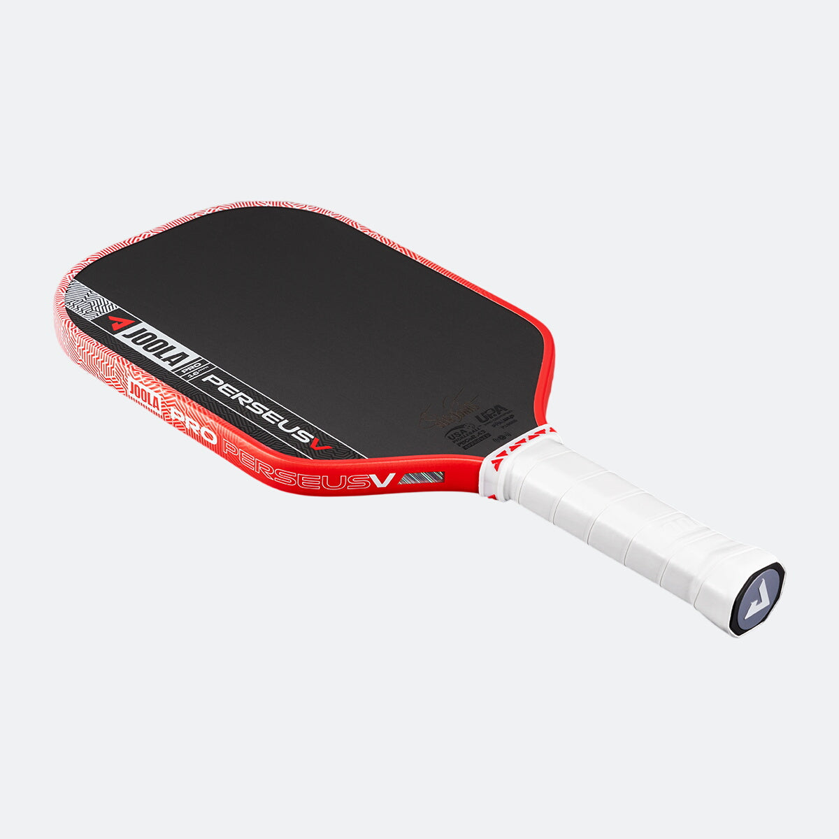 Pickleball paddle with red and black design on a white background