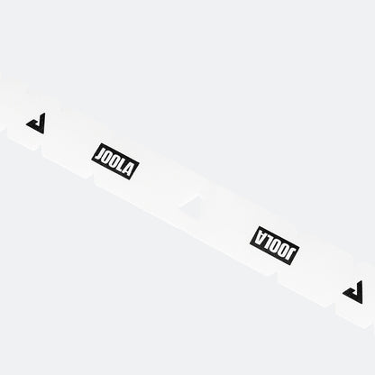 Image of a strip of JOOLA protective edge guard tape, white and black with JOOLA logo.