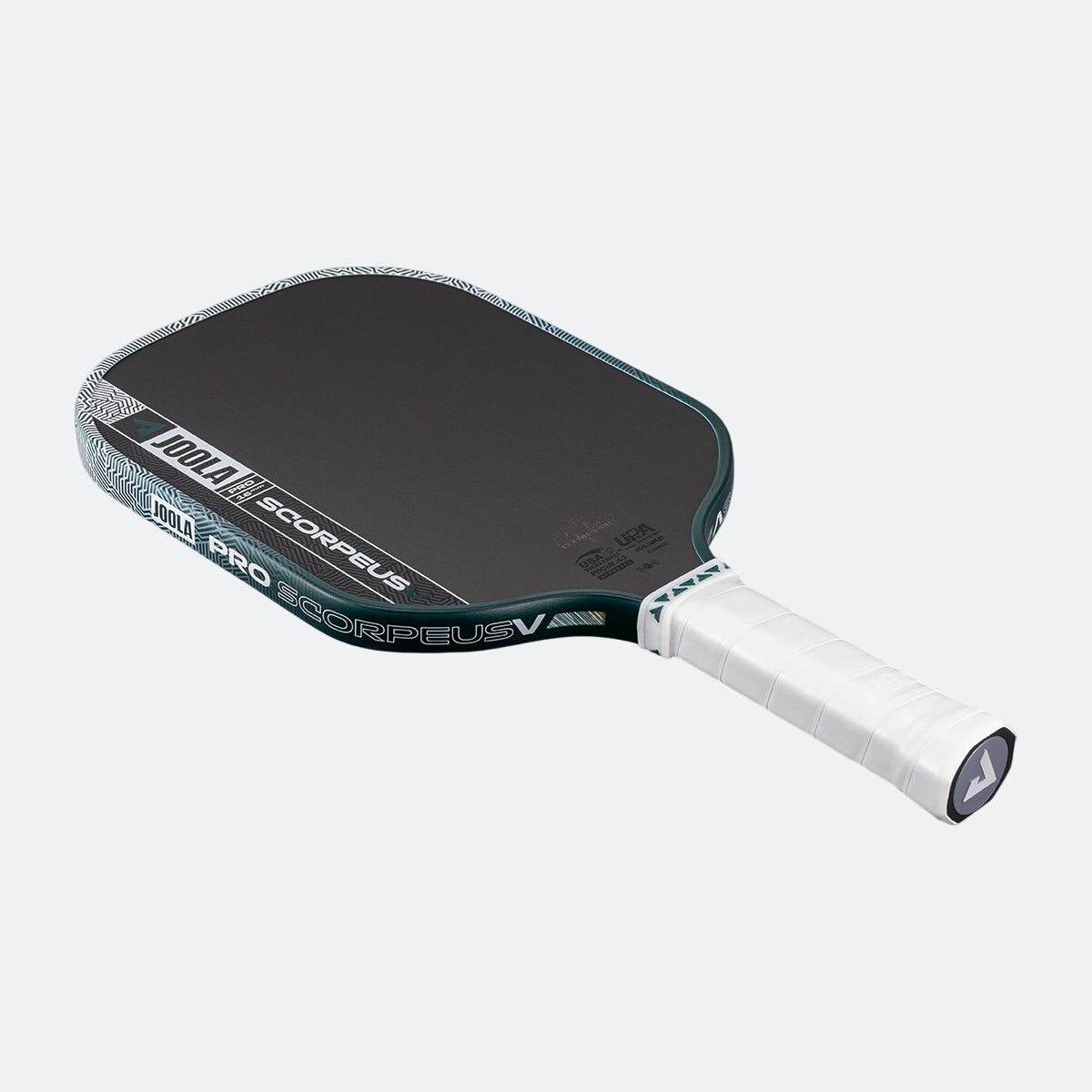 White background, product image of the JOOLA Scorpeus Pro V pickleball paddle with a green edge guard and white handle.