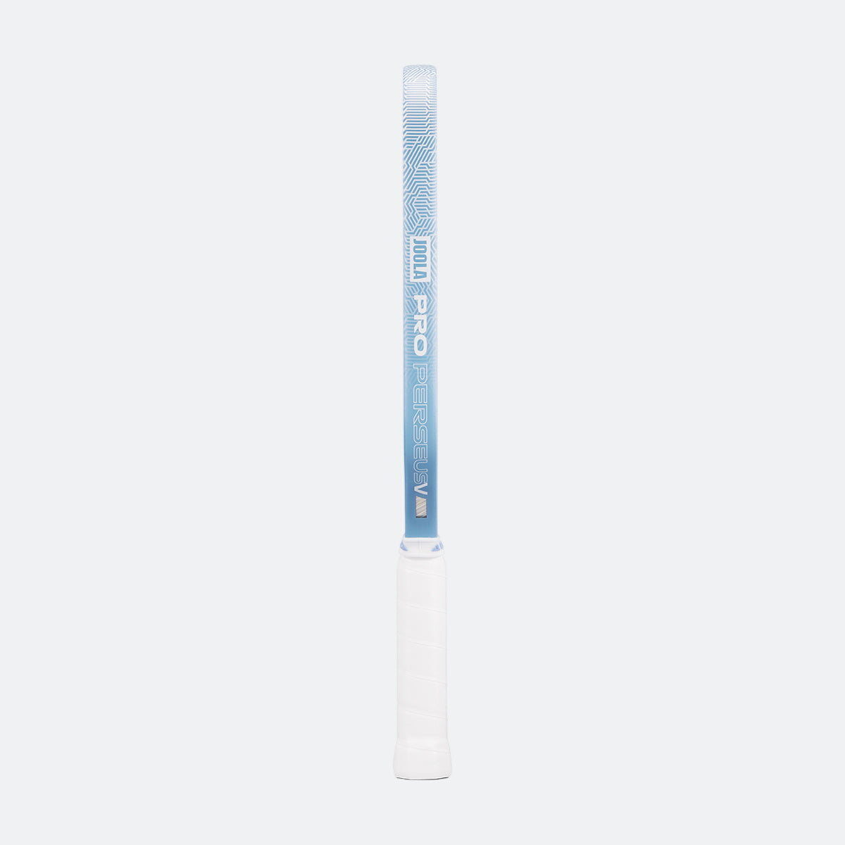 White background, product image of the Simone Jardim Perseus Pro V with blue edge guard and white handle.