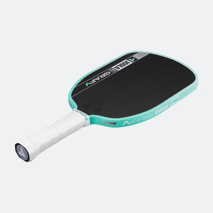 White background, product image of the Graf Pro V pickleball paddle, teal edge guard with a white handle.