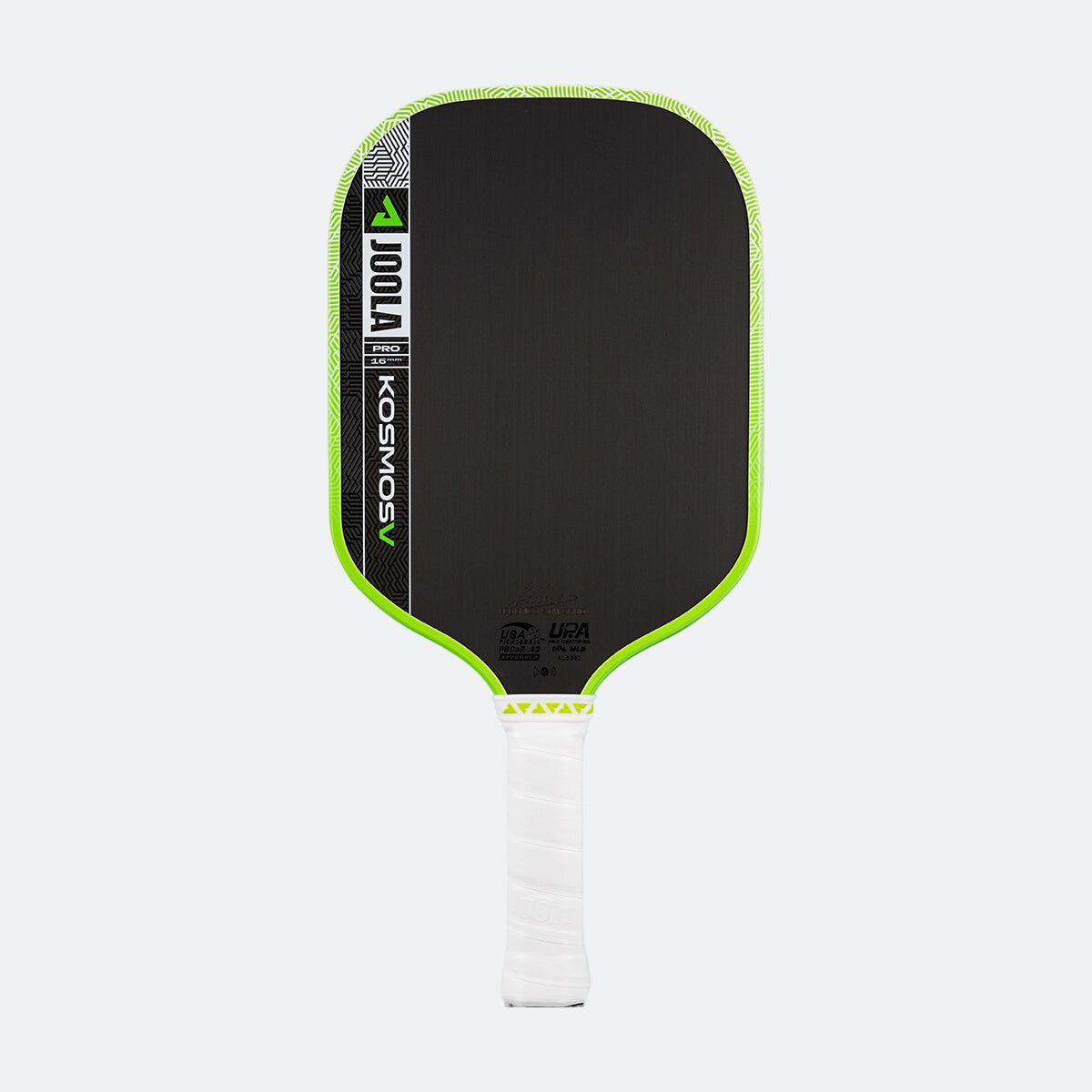 White background, product image of the JOOLA Kosmos Pro V with green edge guard and white handle.