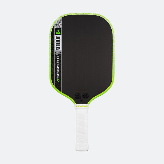 White background, product image of the JOOLA Kosmos Pro V with green edge guard and white handle.