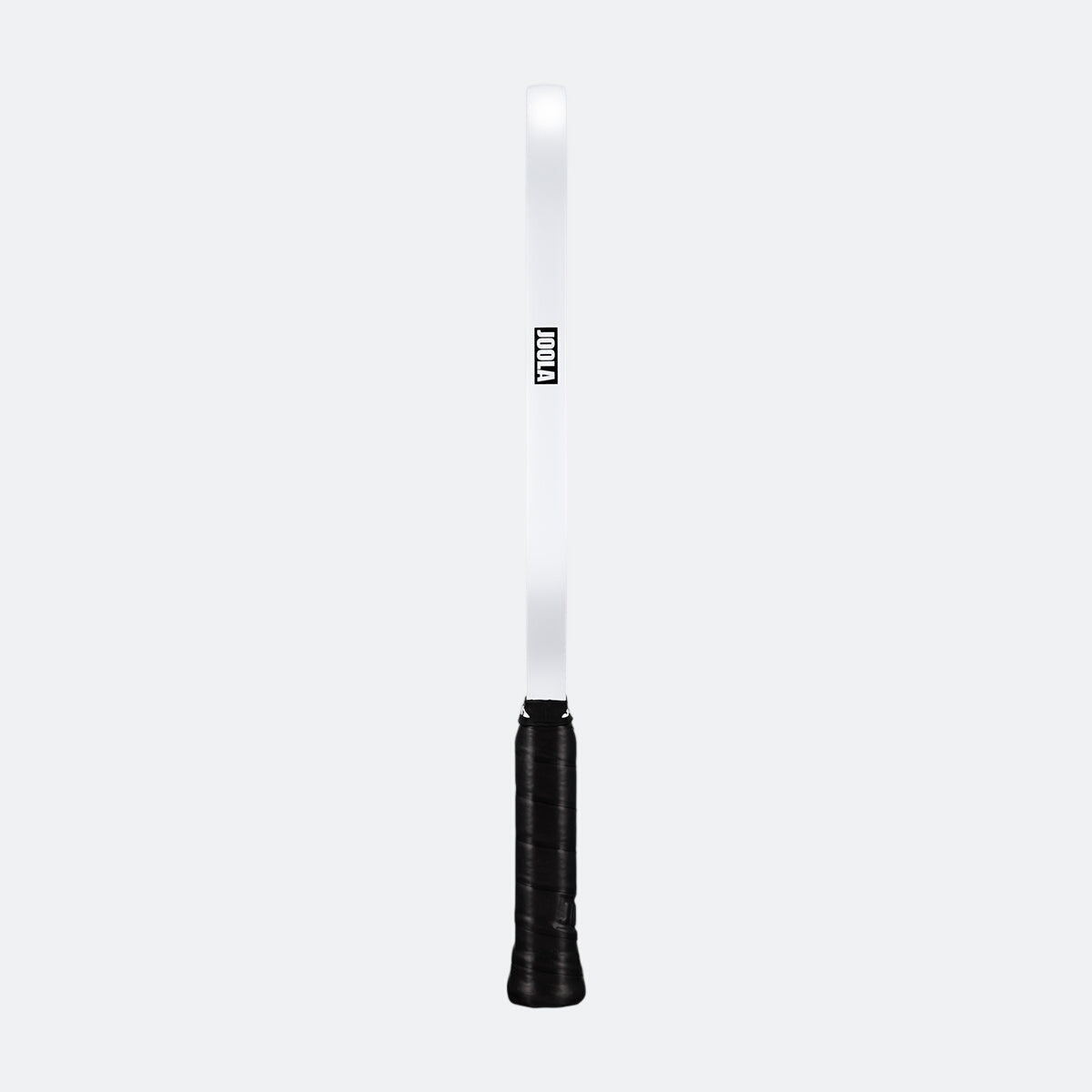 White background, product image showing the white edge guard of the JOOLA Perseus Astral pickleball paddle, with black handle.