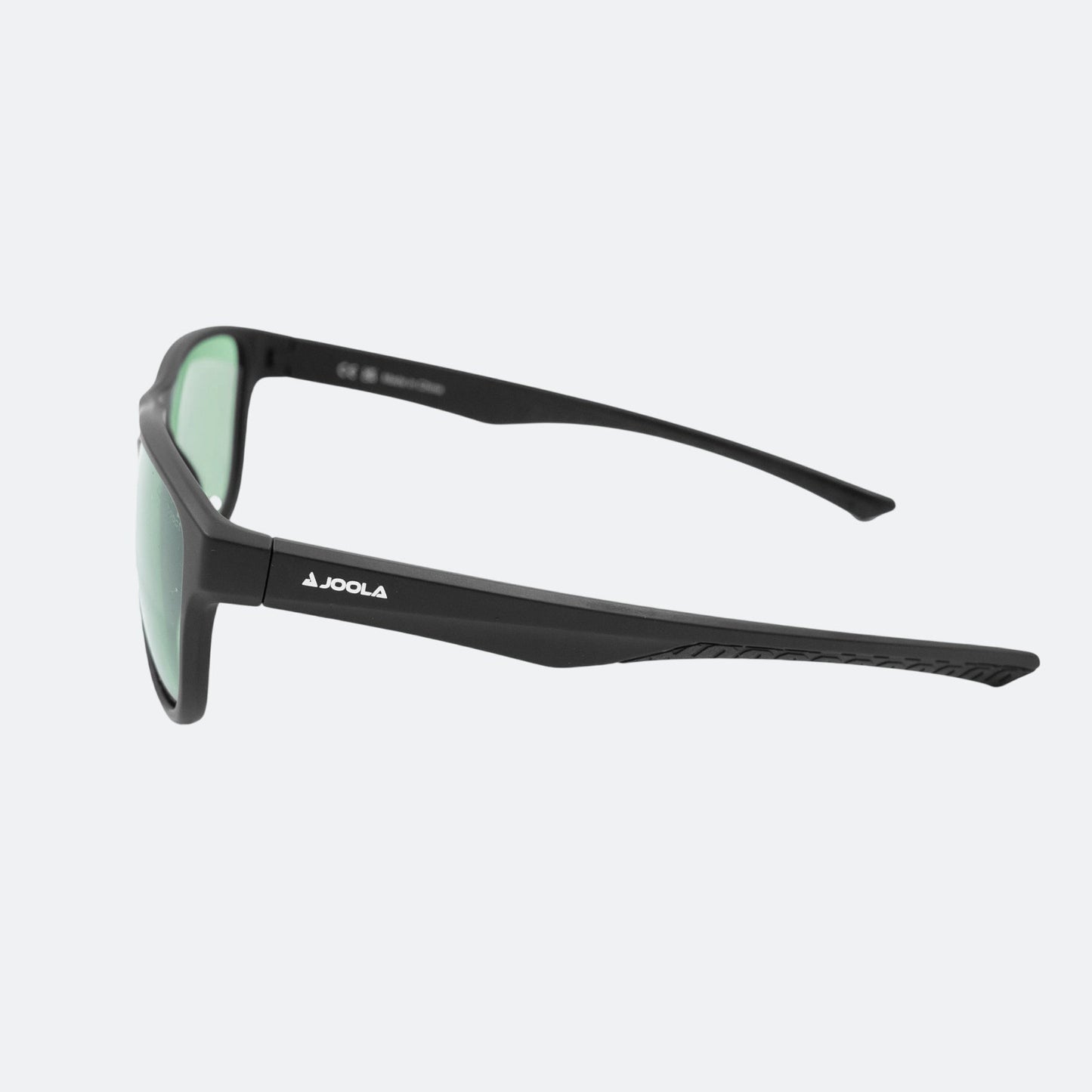 White background image, product image of the JOOLA RJX Enhance Indoor glass. Side view shows the JOOLA logo on the side of the frames.