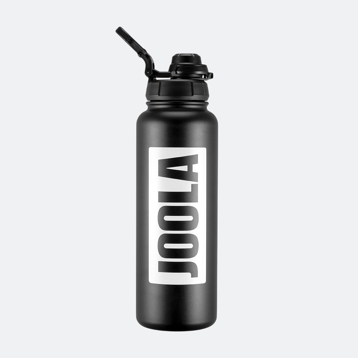 Black water bottle with straw lid and 'JOOLA' logo on a white background.