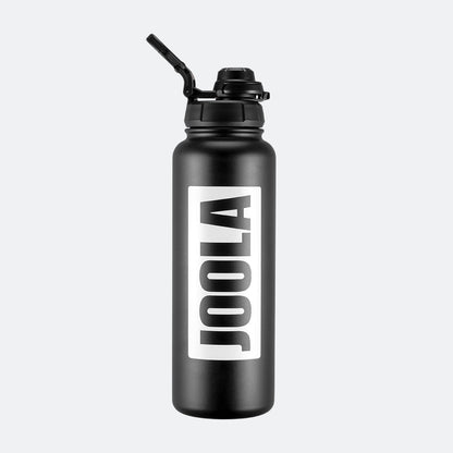 Black water bottle with straw lid and 'JOOLA' logo on a white background.
