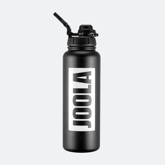 Black water bottle with straw lid and 'JOOLA' logo on a white background.