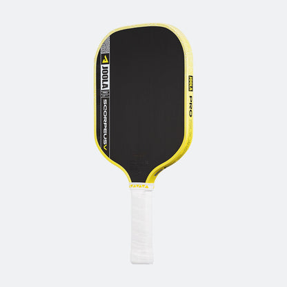 Pickleball paddle with black surface, yellow rim, and white handle on a white background