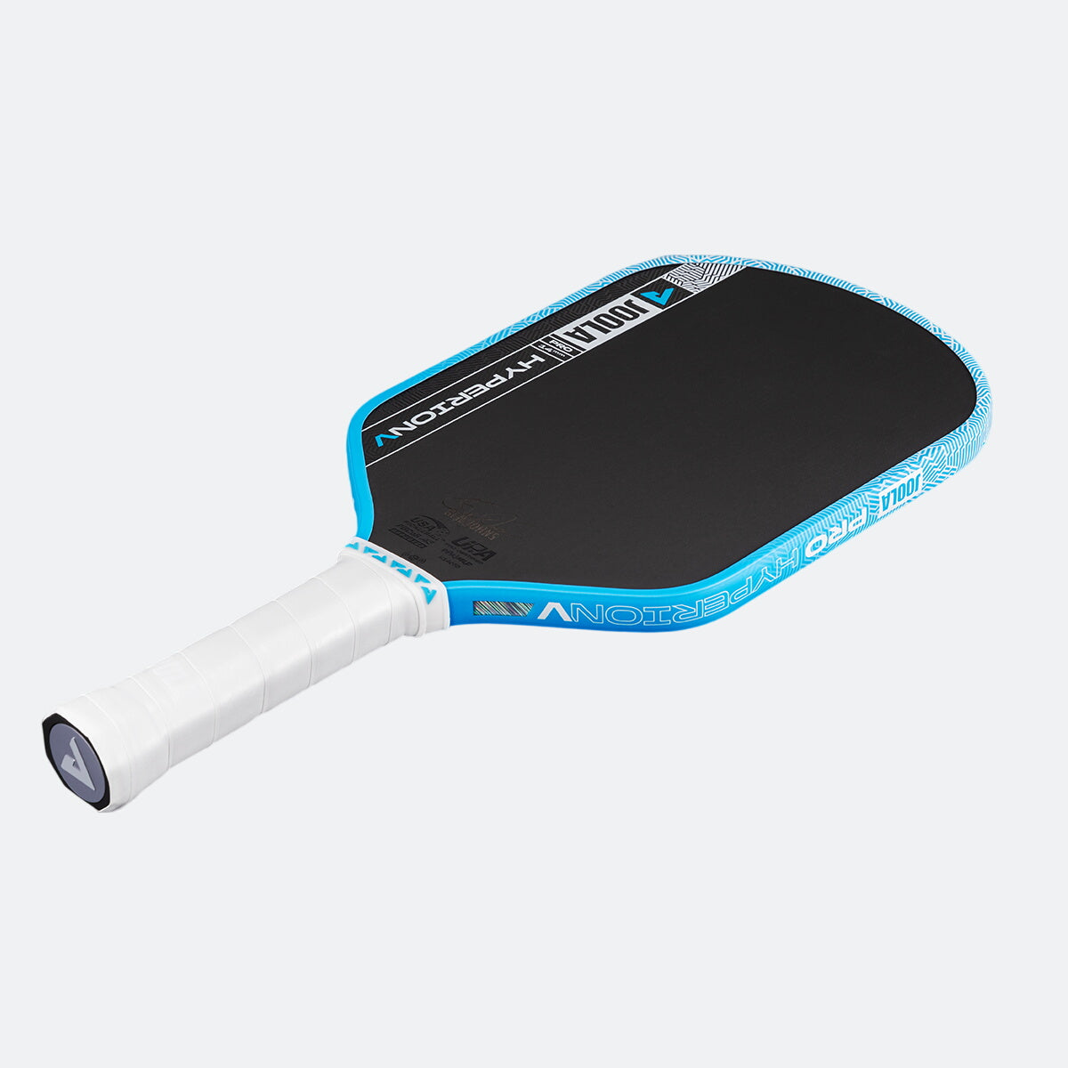 White background, product image of the JOOLA Hyperion Pro V pickleball paddle, white handle, blue edge guard.