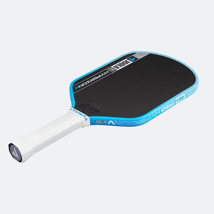 White background, product image of the JOOLA Hyperion Pro V pickleball paddle, white handle, blue edge guard.