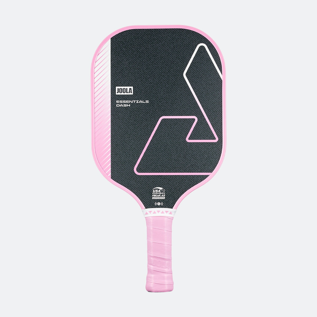 White background, product image of the JOOLA Essentials Dash pickleball paddle, pink handle, pink edge guard, and black, white and pink surface color.