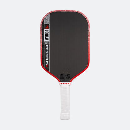 White background, product image of the JOOLA Perseus Pro V pickleball paddle with a red edge guard and white handle.