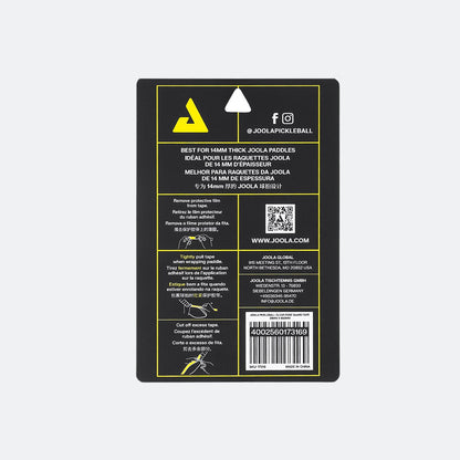 White background, image of the application instructions on the back of a package of JOOLA clear edge guard tape.
