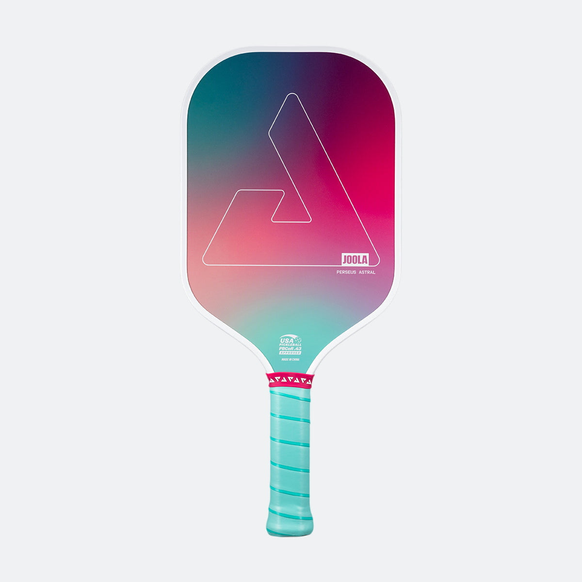 White background, product photo of the JOOLA Perseus Astral pickleball paddle with a teal handle and white edge guard, and gradient colored paddle face.