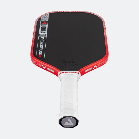 White background, product image of the JOOLA Perseus Pro V pickleball paddle with a red edge guard and white handle.