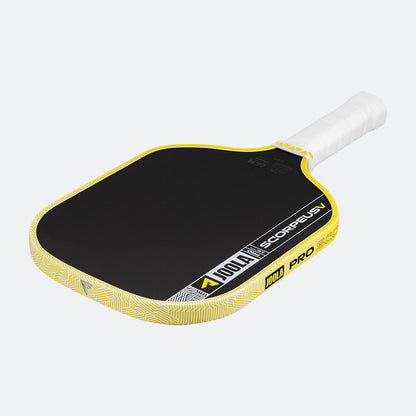 Pickleball paddle with black surface and yellow rim on a white background