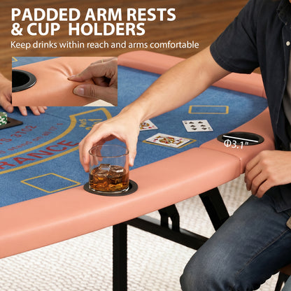 Folding Poker Table - 72" 8-Player Blackjack Table with Cup Holders