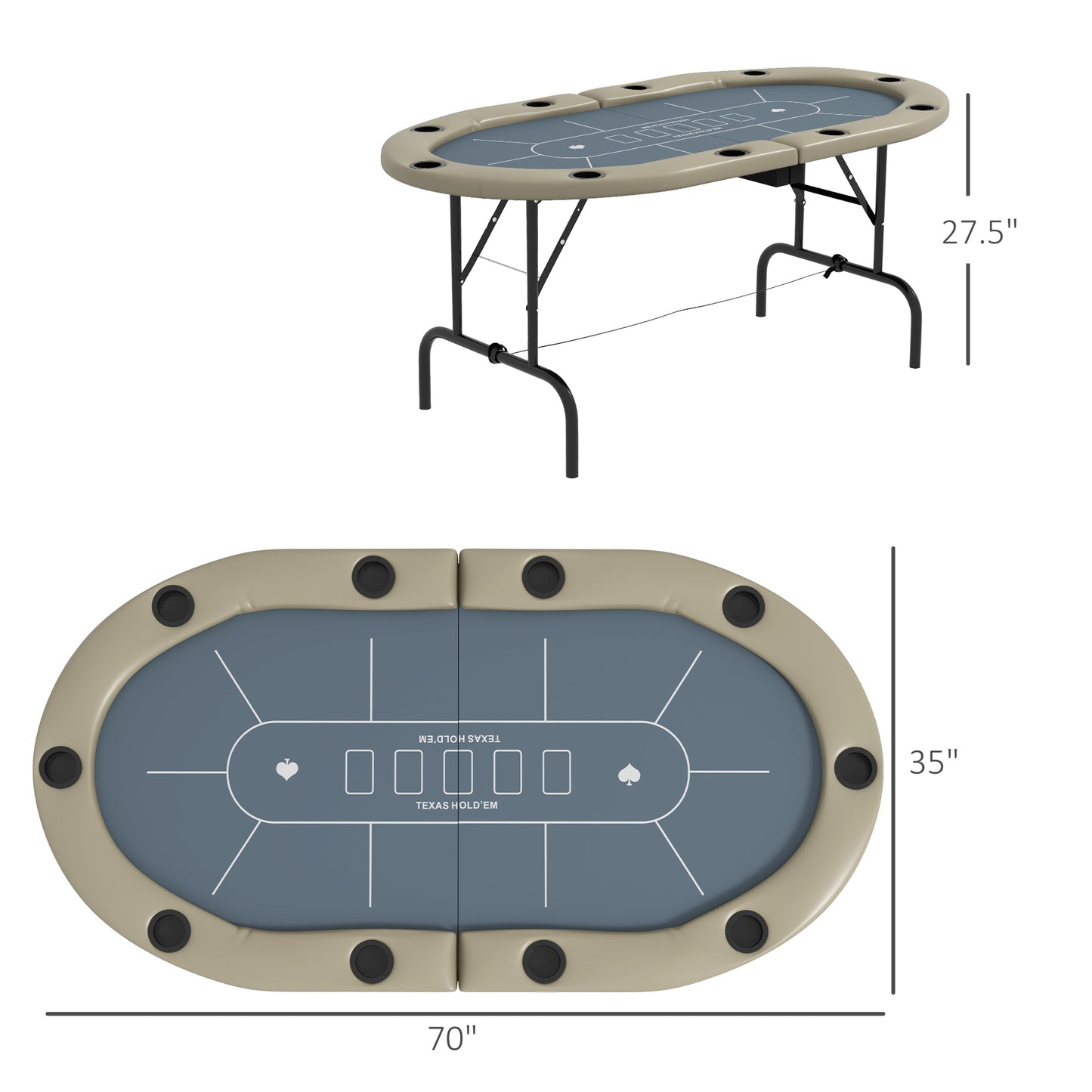 Folding Poker Table for 8 Players, 70" Oval w/ Cup Holders
